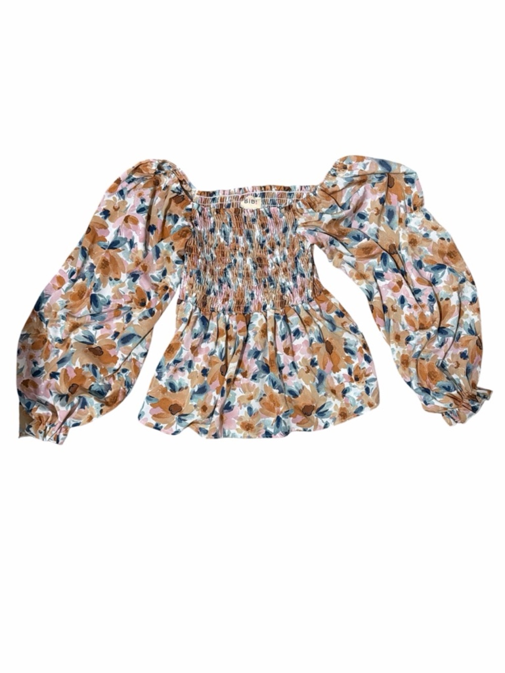 BIBI Floral Puff-Sleeve Smocked Peasant Top - Tan/Blue